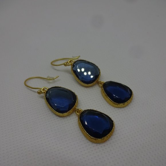 SALE**SALE**Gorgeous "SAPPHIRE QUARTZ" Handmade Golden Earrings #136 - Picture 2 of 3